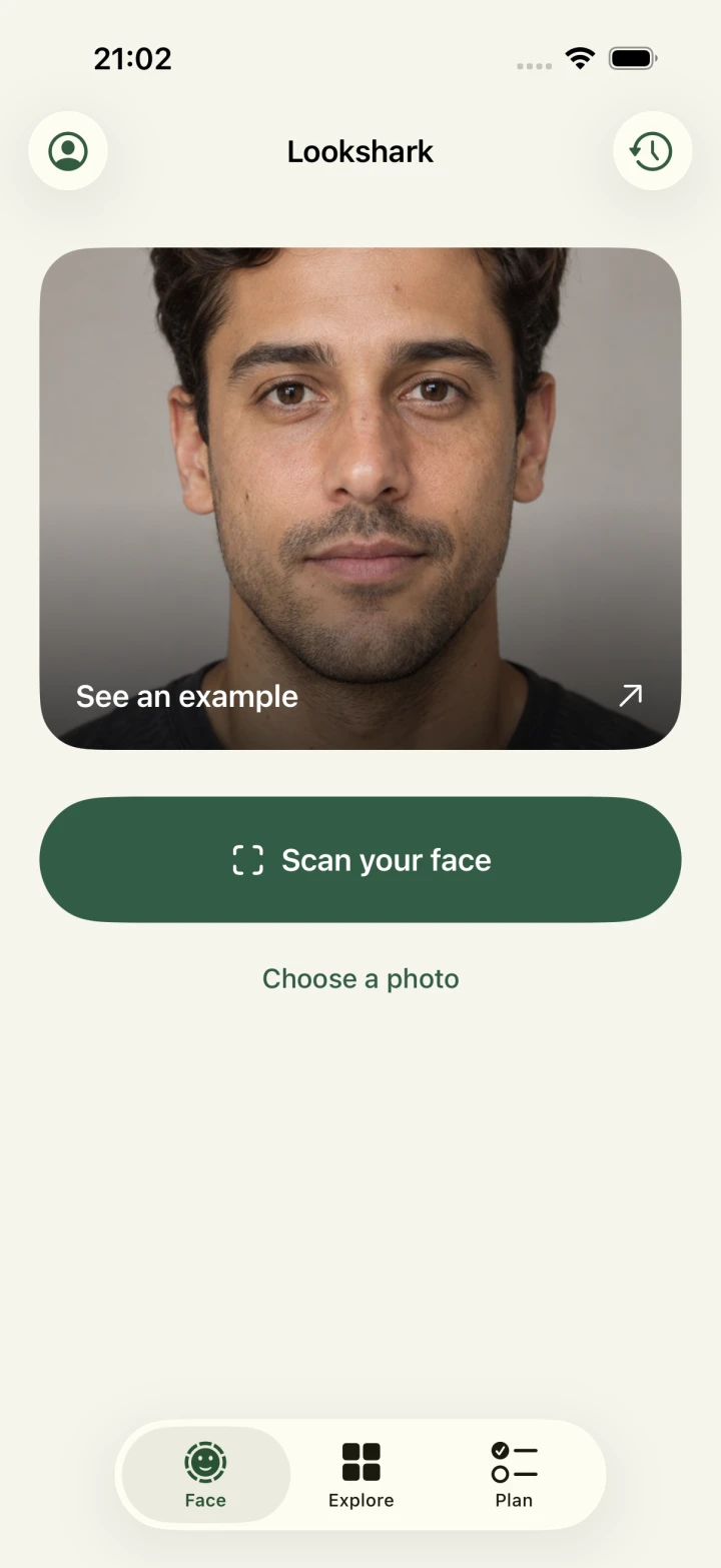 Lookshark app home screen with a Scan your face button and browsing options